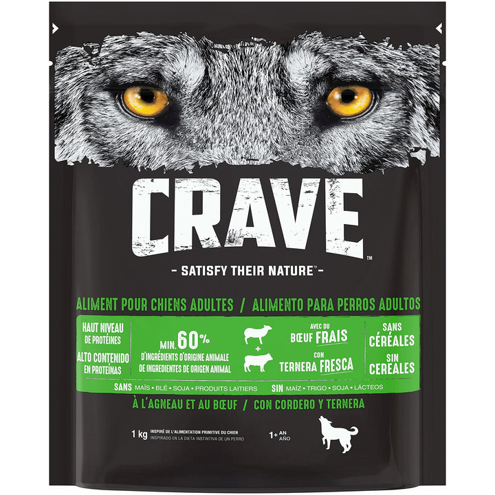 CRAVE Trockenfutter für ausgewachsene Hunde mit Lamm- und Rindfleischgeschmack, 6 Beutel à 1 kg – Tr