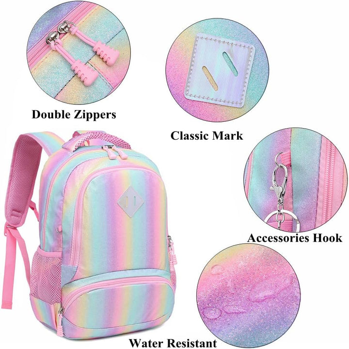 Schultaschen Mädchen Regenbogen Glitzer Rucksack Teenager Set Bunte Schulrucksack Damen Lässiger Tag