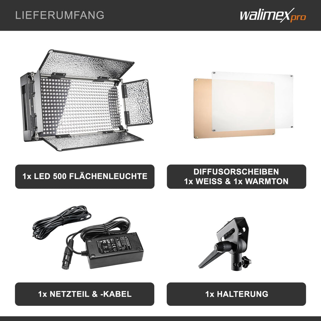 Walimex Pro LED 500 Flächenleuchte (inkl. 4 m Netzkabel, Diffusorplatte und Warmtonfilter), Leuchte