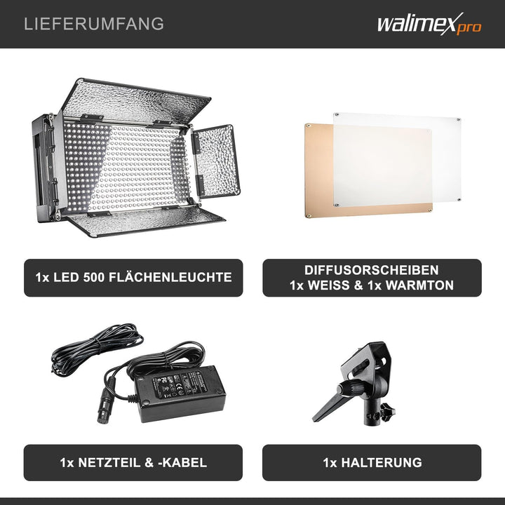 Walimex Pro LED 500 Flächenleuchte (inkl. 4 m Netzkabel, Diffusorplatte und Warmtonfilter), Leuchte