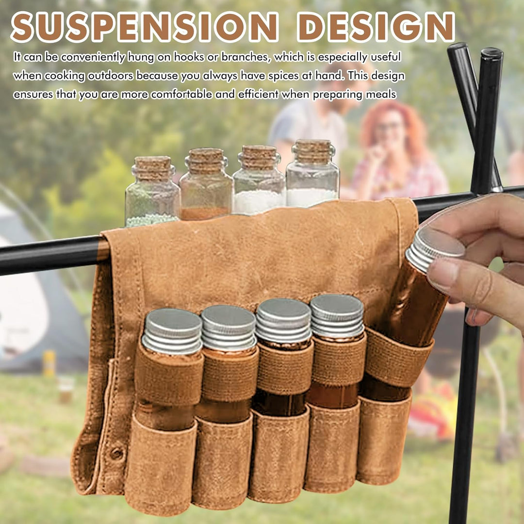 LEKEFETO Tragbare Gewürztasche aus Segeltuch mit 9 Gewürzgläsern, Camping Gewürzset für Outdoor, BBQ