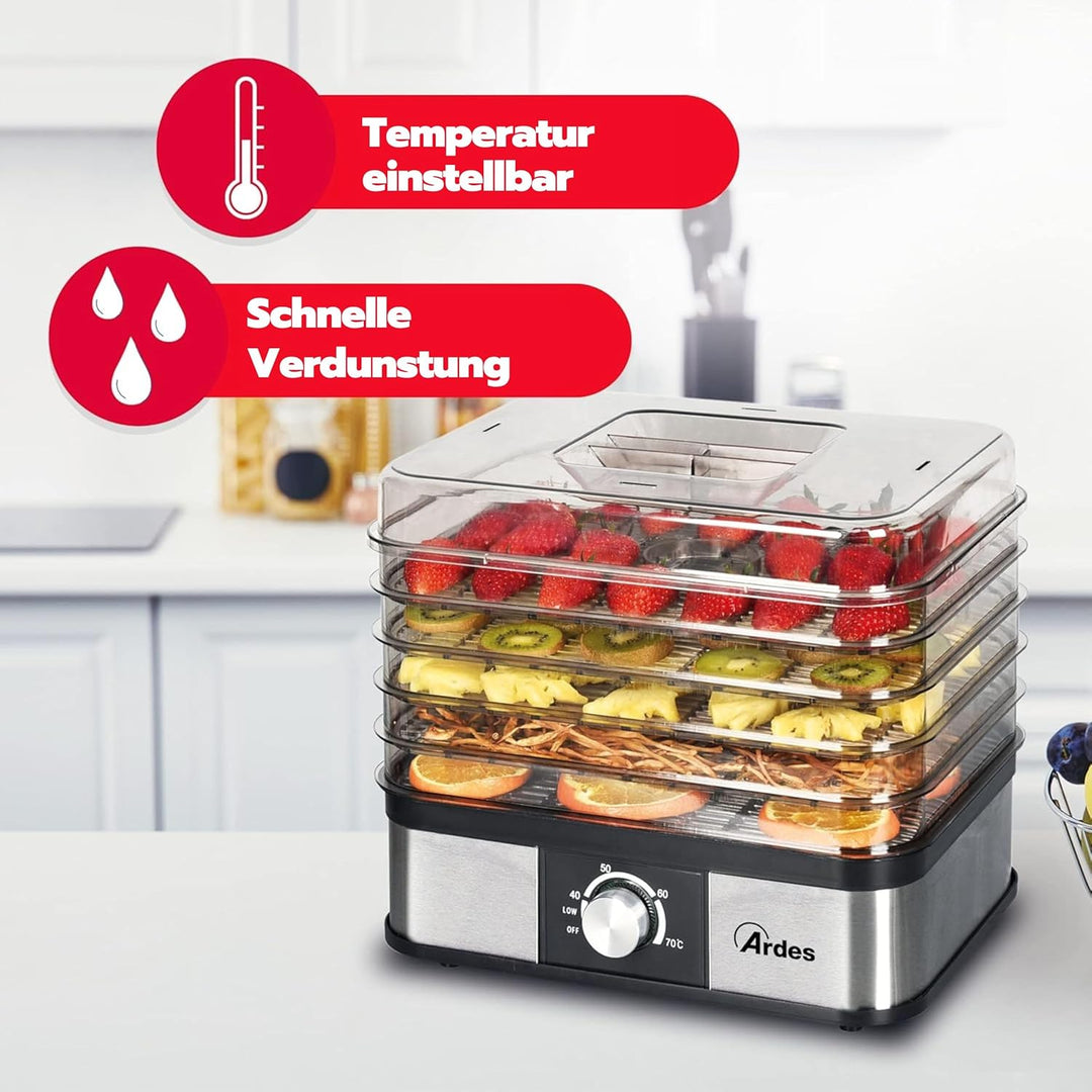 ARDES - AR1K15 Lebensmitteltrockner für Obst, Gemüse und Pilze, schnelle Trocknung, 5 waschbare Eben