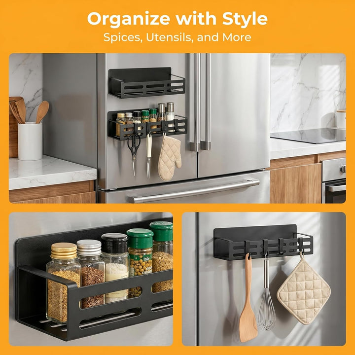 2 Stück Gewürzregale, Kühlschrank Regal Magnetisch mit 8 Haken Magnetregal Magnetic Spice Rack Kühls