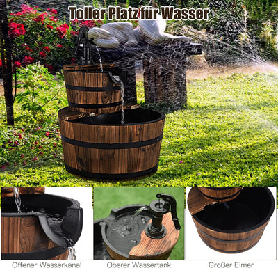 GOPLUS Holzfass-Brunnen mit Hochleistungspumpe, Springbrunnen aus Tannenholz, Wasserspiel im Freien