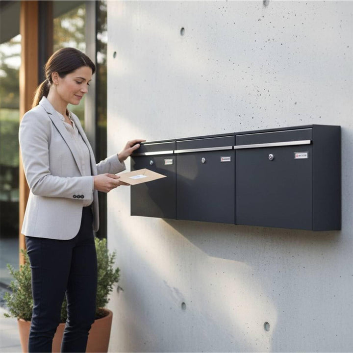 Metzler XXL dreifach Briefkasten für 3er Familienhaus aus massivem Stahl in Anthrazit RAL 7016 - mit