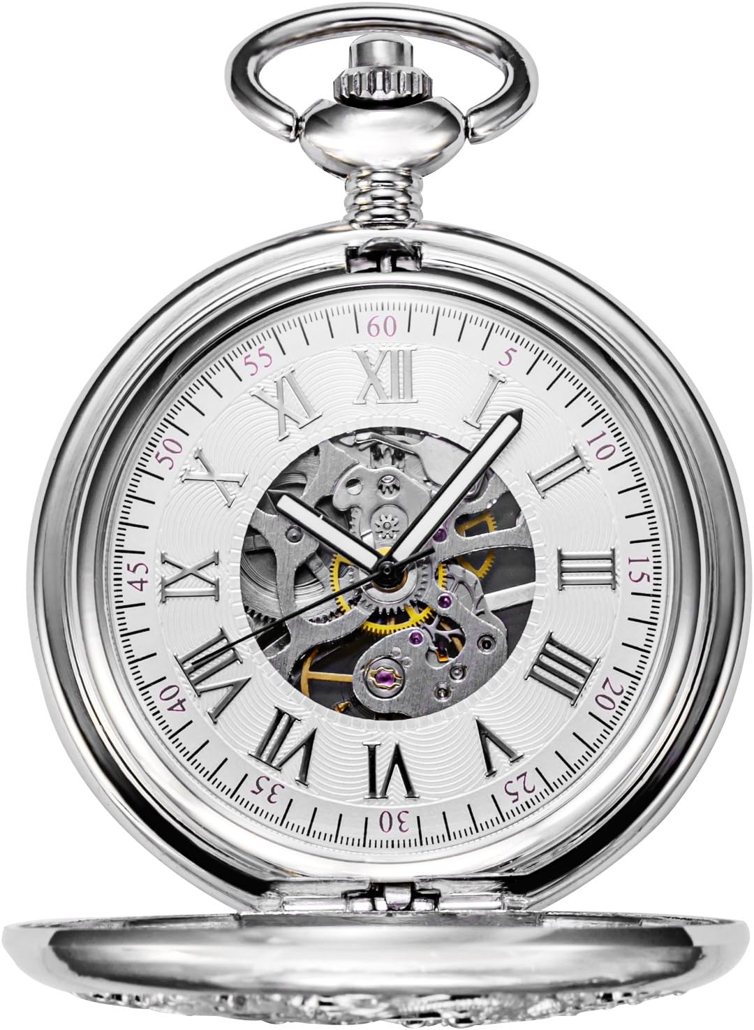 TREEWETO Unisex Taschenuhr mit Kette Analog Handaufzug Antik Drache Phönix Skelett Silber