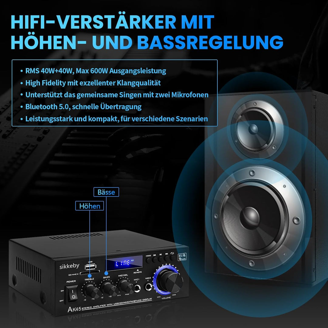 HiFi-Verstärker AK45 Mini Bluetooth Stereo-Audioverstärker Receiver 12V/ 220V 400W 2 Kanäle Digitale