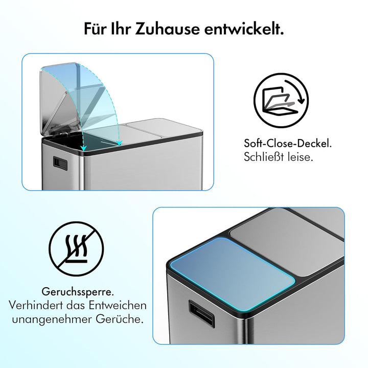 VonHaus Mülleimer Küche 3 Fächer, 45L Recycling Mülltrennsystem – Abfalleimer Biomüll, Rutschfester