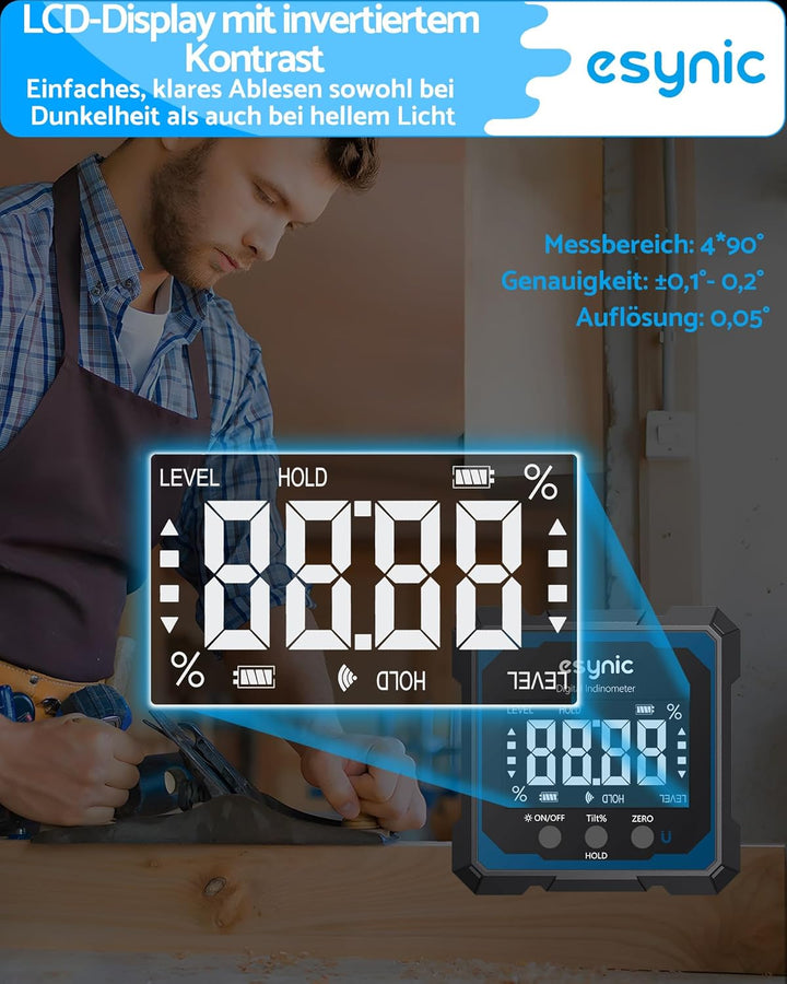 eSynic Digitale Winkelmesser Wasserwaage mit Laser Neigungsmesser 4×90° ±0,1°mit LCD-VA Display Vier
