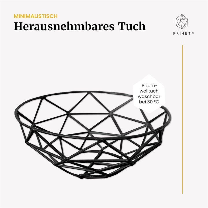 FRIHET 2-in-1 Brotkorb modern | Obstschale | Metall | 2er Set | waschbare Einlage aus 100% Baumwolle