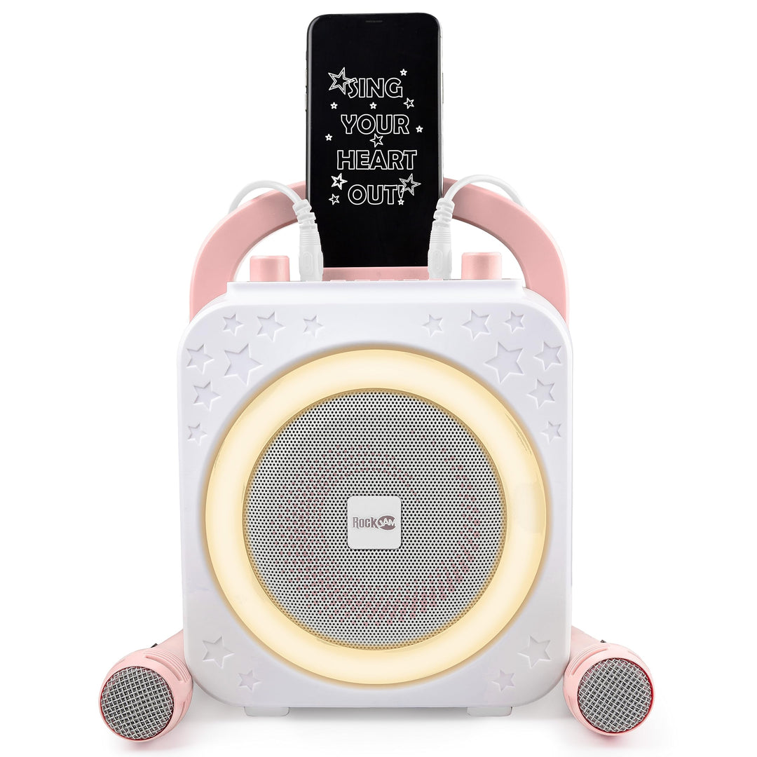 RockJam Ring Bluetooth Karaoke Machine with Two Mics Rose Gold Ring Light & Disco Light