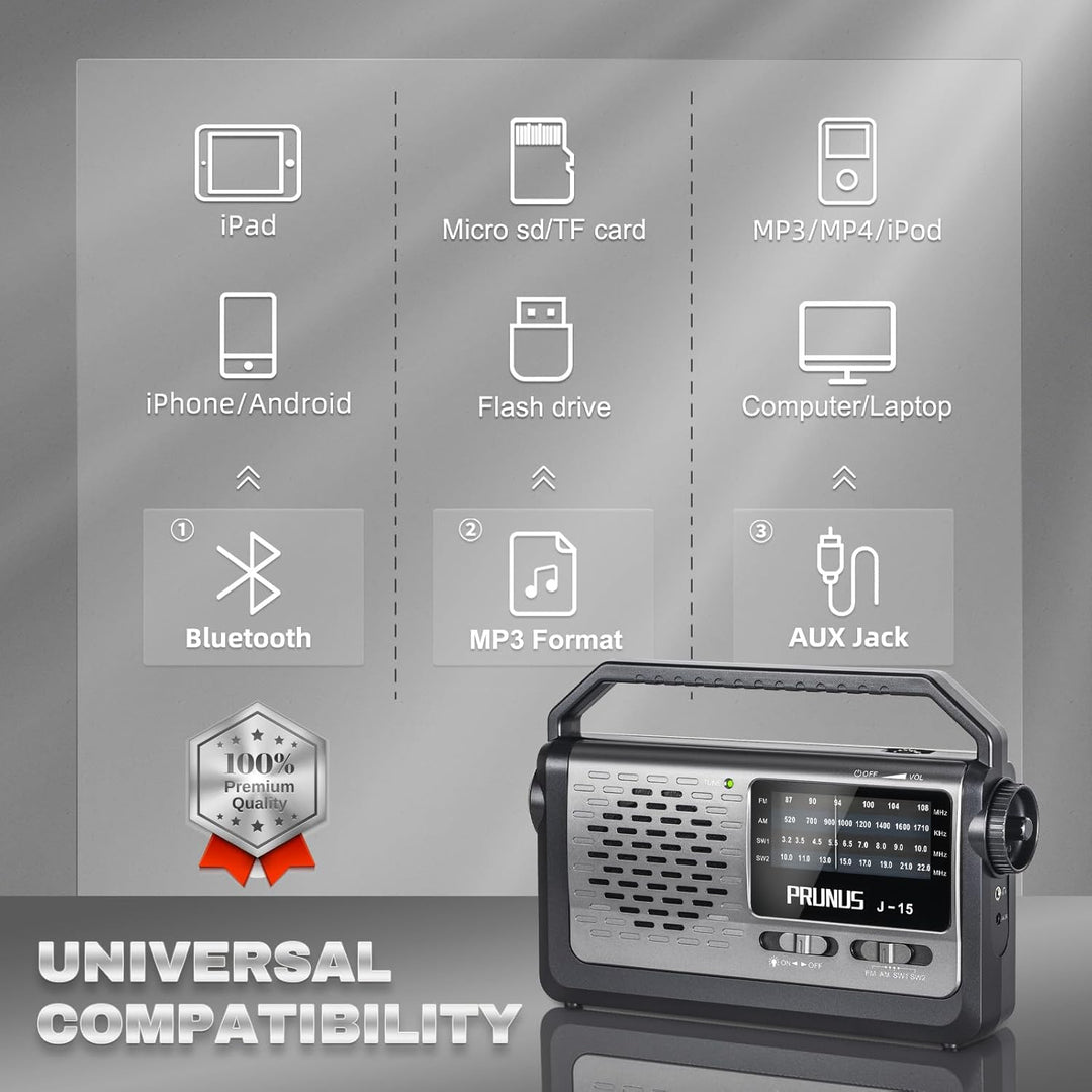 PRUNUS J-15 Kofferradio Weltempfänger Radio UKW/FM/AM/SW, Tragbares Radio Batteriebetrieben oder mit
