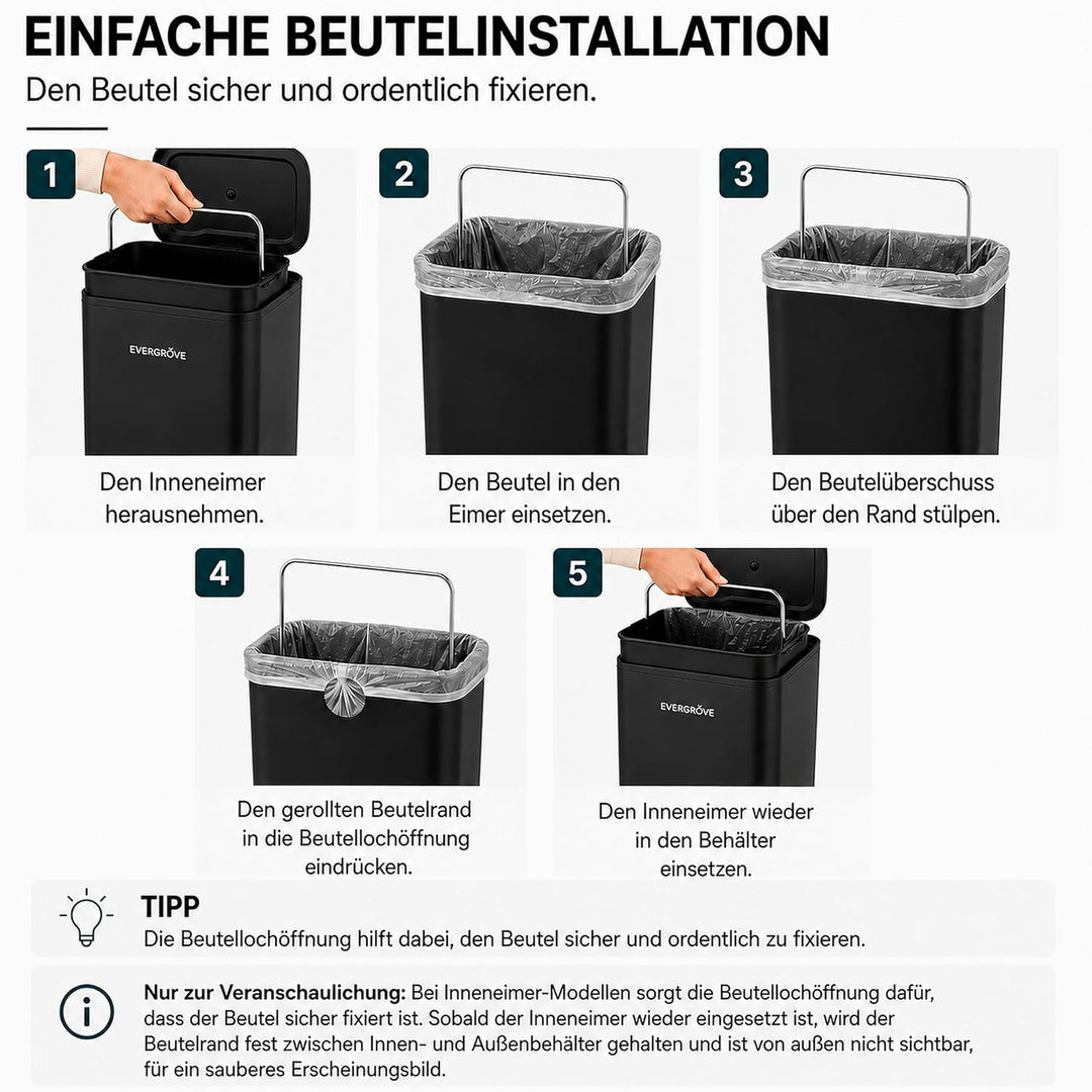 EverGrove 50L Treteimer aus Edelstahl mit Deckel, Soft-Close, Stay-Open Funktion, herausnehmbarer In