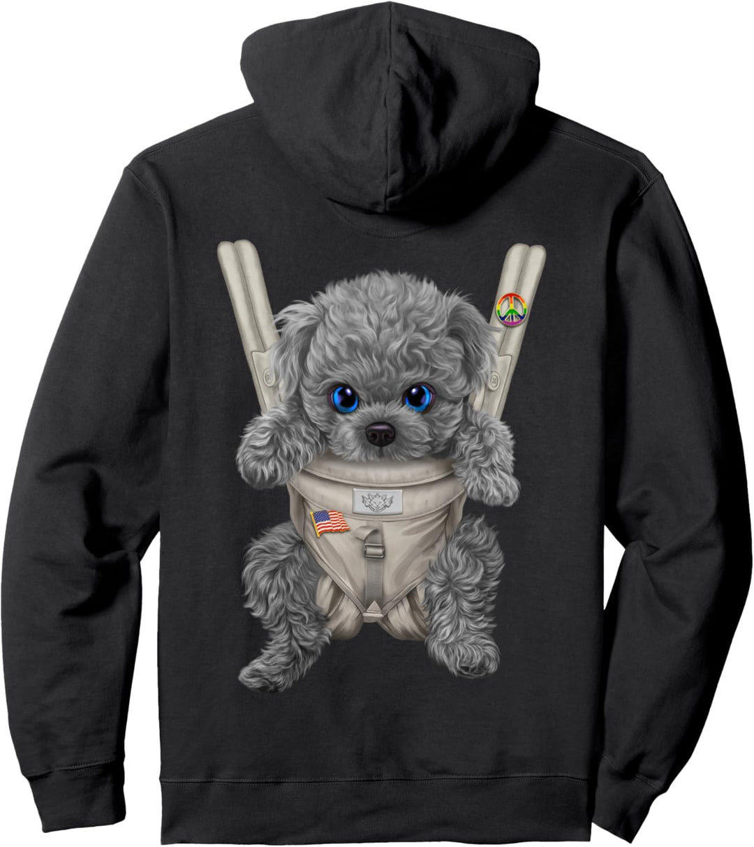 Blauer Pudelhund in der Babytrage Pullover Hoodie