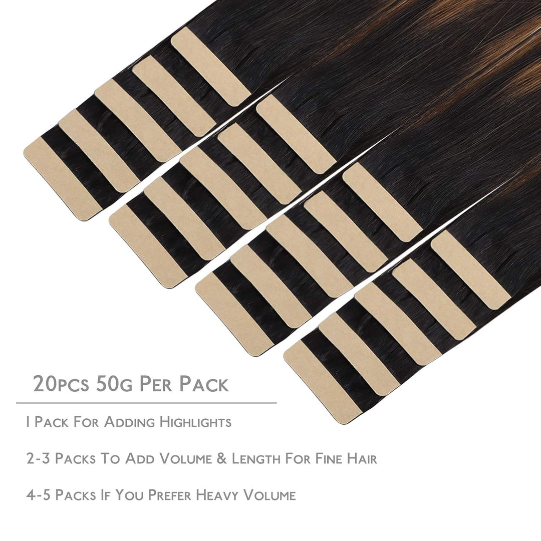 WENNALIFE Tape Extensions Echthaar, 20pcs 40g 30cm 12 Zoll Balayage Natürliches Schwarz bis Chestnut