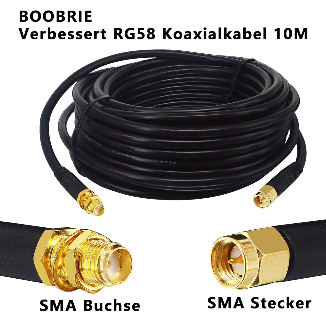 Boobrie Verbessert SuperFlex RG58 SMA Kabel 10M - WiFi Antennenkabel Buchse auf Stecker - Verlustarm