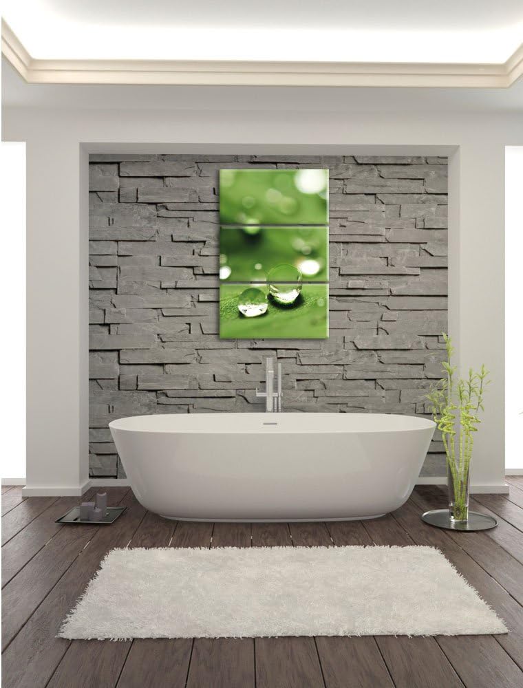 Pixxprint Wassertropfen auf Blatt als Leinwandbild | Grösse: 3 Teilig (120x80) | Wandbild| Kunstdruc