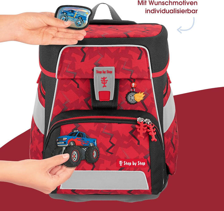 Step by Step Schulranzen-Set Space Monster Truck Rocky, 5-teilig, rot-blau, Auto-Design, ergonomisch