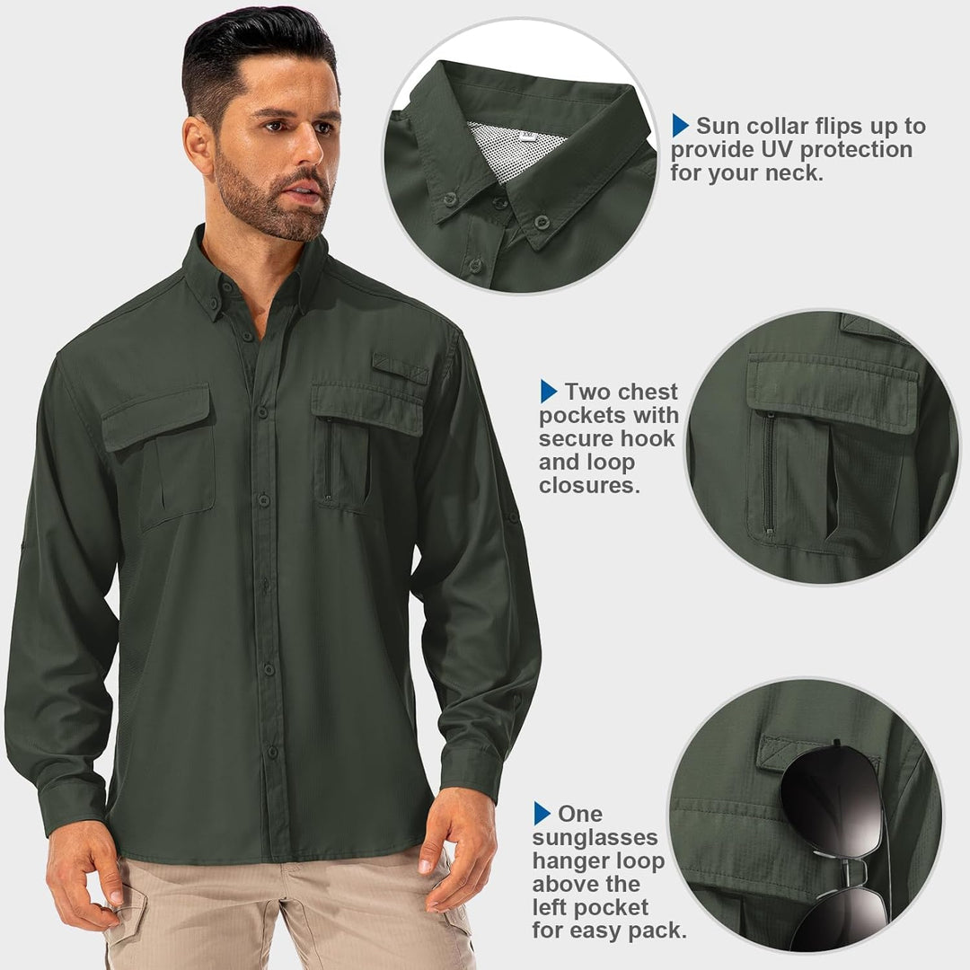 Asfixiado Hemd Herren Safari UPF50+ UV Schutz Wanderhemd Herren Langarm Funktionshemd Outdoorhemd At