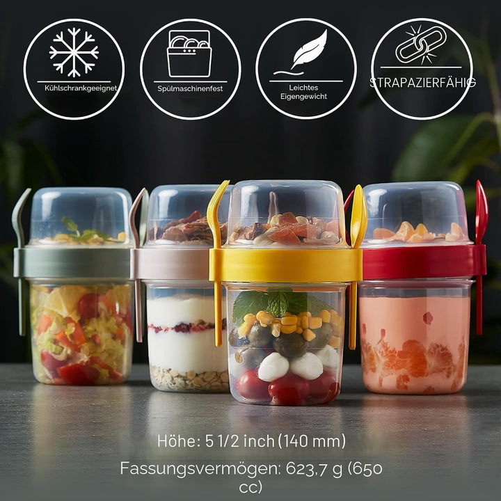 CRYSTALIA Müslibecher to Go mit Löffel & Gabel Set 4, 100 % BPA-FREI Joghurt Becher to Go mit Deckel