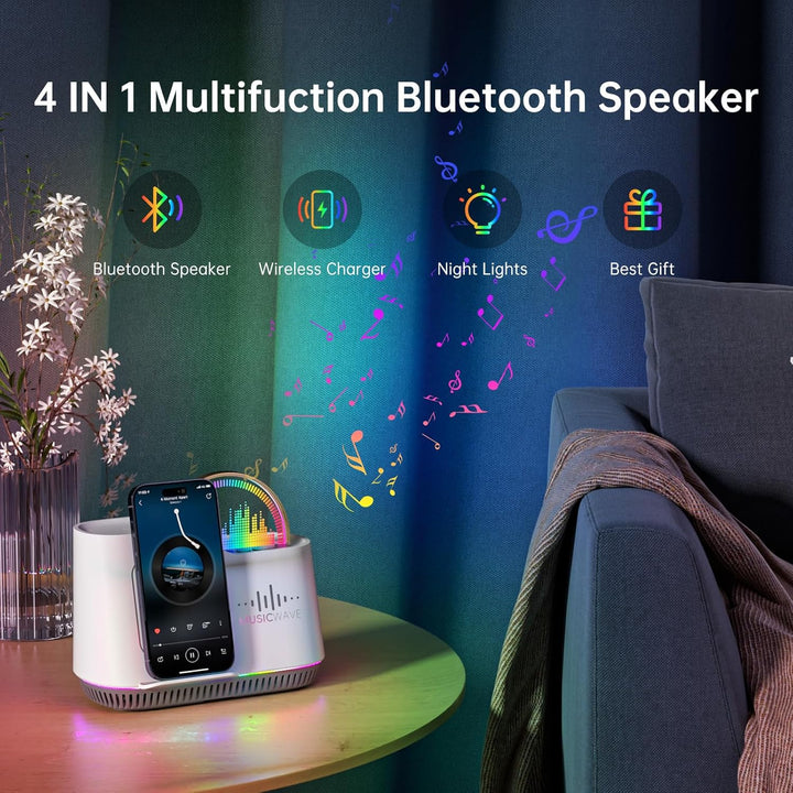 Bluetooth Lautsprecher mit Nachtlicht und Wireless Charger, Touch Dimmbar Nachttischlampe mit Gibt 5