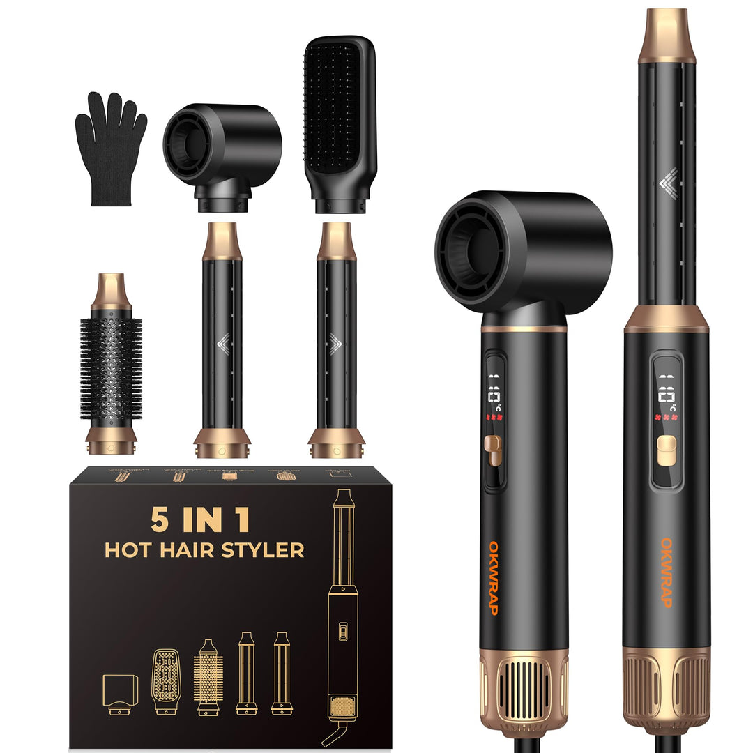 OKWRAP LCD Hairstyler 5 in 1 Haarstyler Airbrush, Hair Styler Set Mit Rundbürstenföhn Haarstyler War
