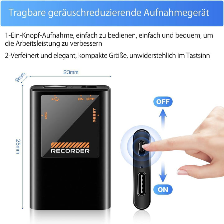 Mini Diktiergerät mit eingebautem Magnet,32GB Tragbares digitales Aufnahmegerät mit OTG-Anschluss, O