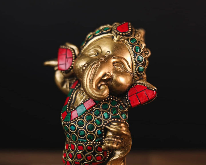SHIVAJI ARTS Baby Ganesha Statue, 14 cm, Messing Inlay Arbeit Ganesh-Statue, Geschenk für Baby, nied