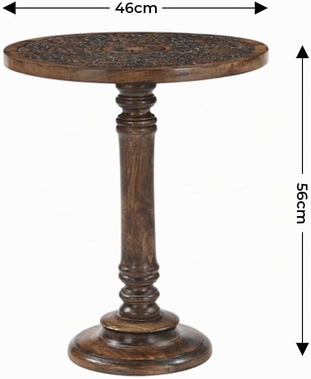 iAnanas Beistelltisch rund 46x46x56 cm – Handgeschnitzt aus massivem Mangoholz, braun – Antiker Wohn