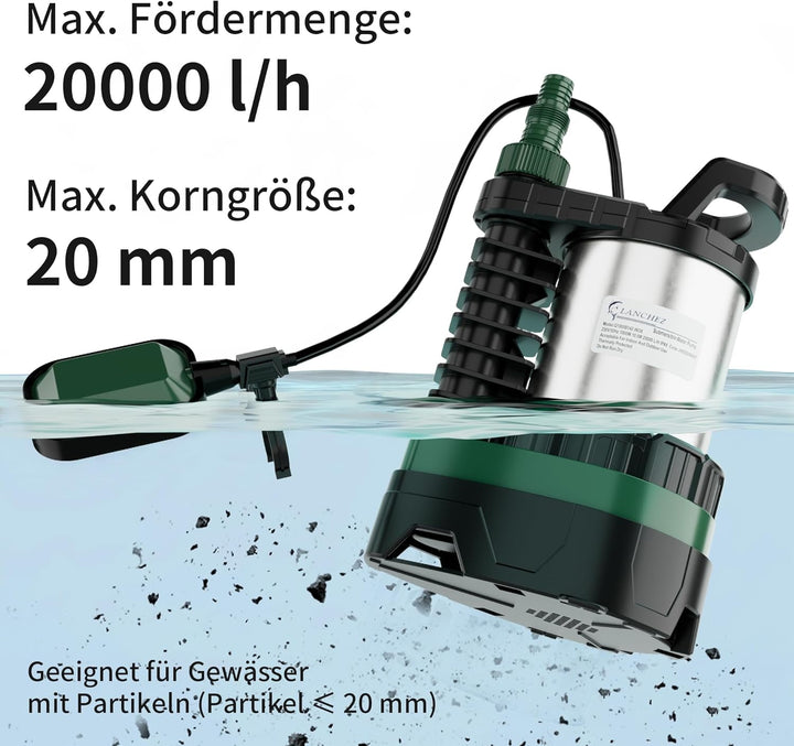 LANCHEZ Tauchpumpe 1000W, 20.000 l/h Förderleistung, Einstellbarer Abwasser-/Sauberwasser-Modus, För