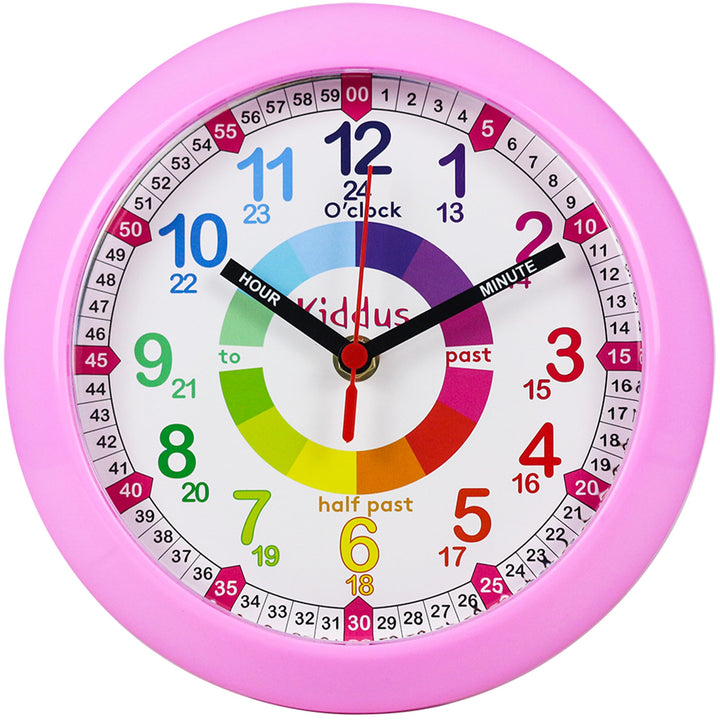 Kiddus Wanduhr für Kinder. Analoger Zeitlehrer mit Zeitlernübungen. Stilles Uhr. Viele Sprachen. Eng