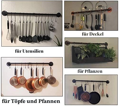 Toplife Küchen Hängeleiste für Küchenutensilien, 60 cm industrieller Stil mit 10 Haken, Hakenleiste