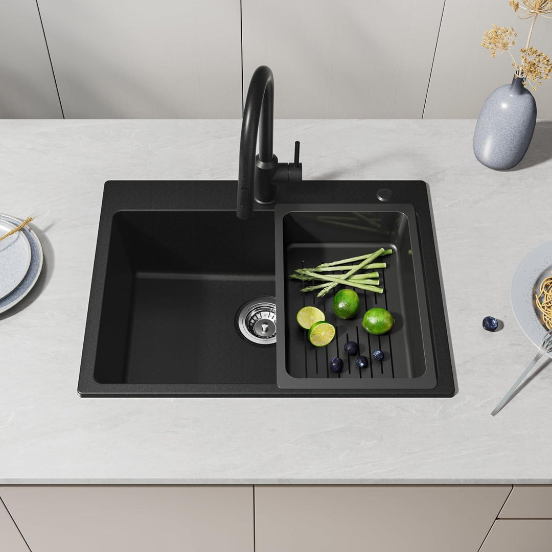 CECIPA Spülbecken Schwarz Granit 60 x 45 cm, Küchenspüle mit Siebkorb, Waschbecken Küche, Spüle Schw
