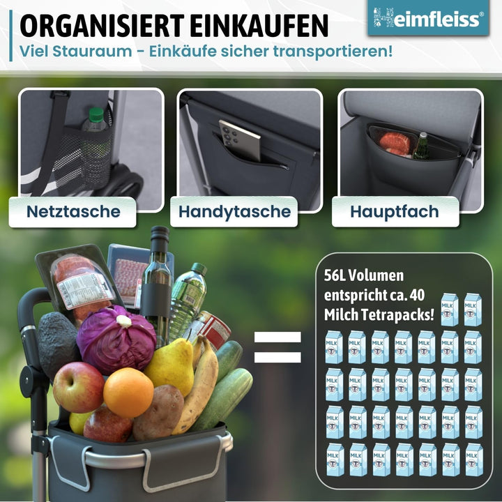 Heimfleiss® Trolley Einkaufstrolley mit 56L Volumen | Einkaufswagen klappbar mit 50kg Traglast | Lei