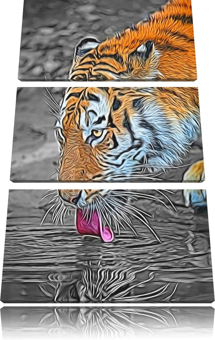 stolzer Tiger am Wasser schwarz/weiss Deluxe 3-Teiler Leinwandbild 120x80 Bild auf Leinwand, XXL rie