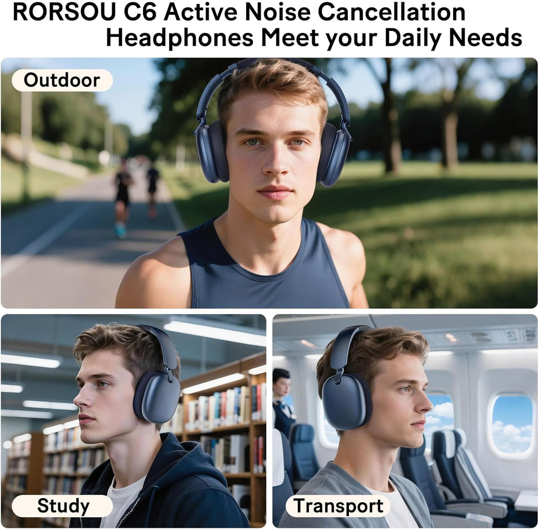 RORSOU C6 Aktive Noise-Cancelling-Kopfhörer, Drahtlose Over-Ear Bluetooth-Kopfhörer, 60 Stunden Spie