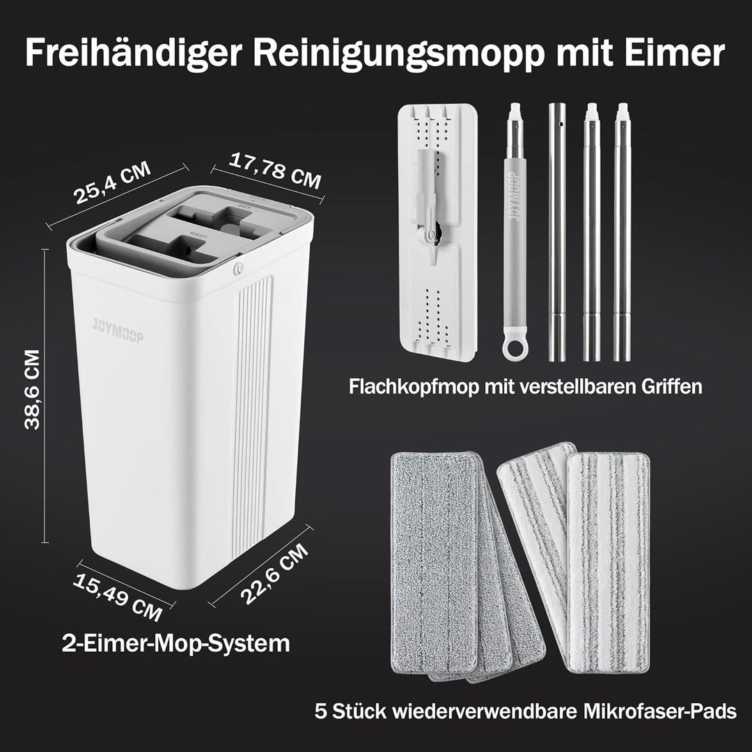 JOYMOOP Wischmopp und Eimer mit Auswringer-Set, Flacher Bodenwischer und Eimer, Mopp für die Bodenre