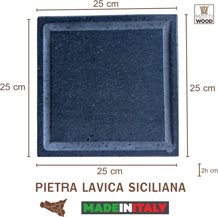 Mottiwood, Sizilianische Lavastein mit Abfluss, quadratisch 25 x 25 cm, Schamotte Platte zum Kochen