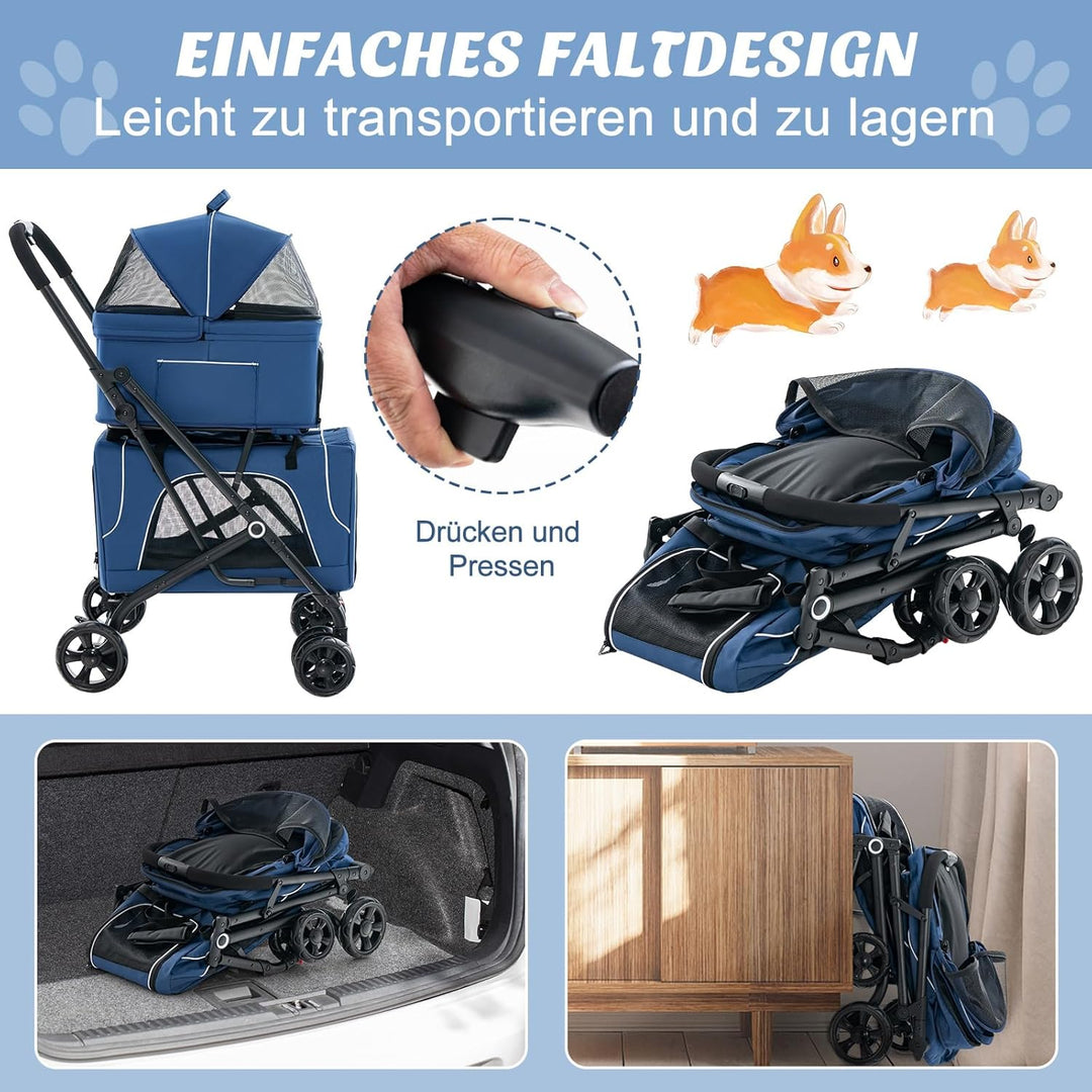 COSTWAY 3 in 1 Hundewagen, Hundebuggy 2 Etagen mit Netzfenstern &amp; Taschen &amp; Polstern, Oxford &amp; Metal
