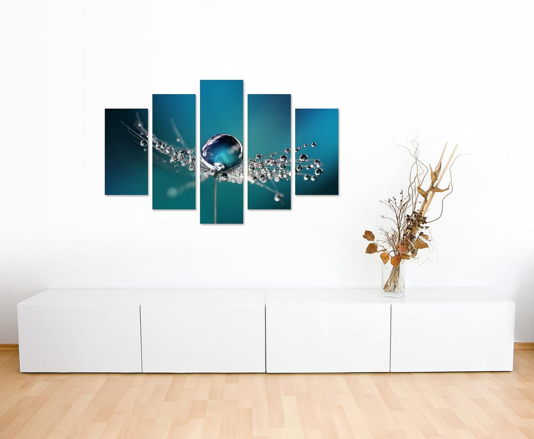 Wandbild 5 teilig Breite 150cm x Höhe 100cm Naturfotografie – Pusteblumen mit Morgentau auf Leinwand