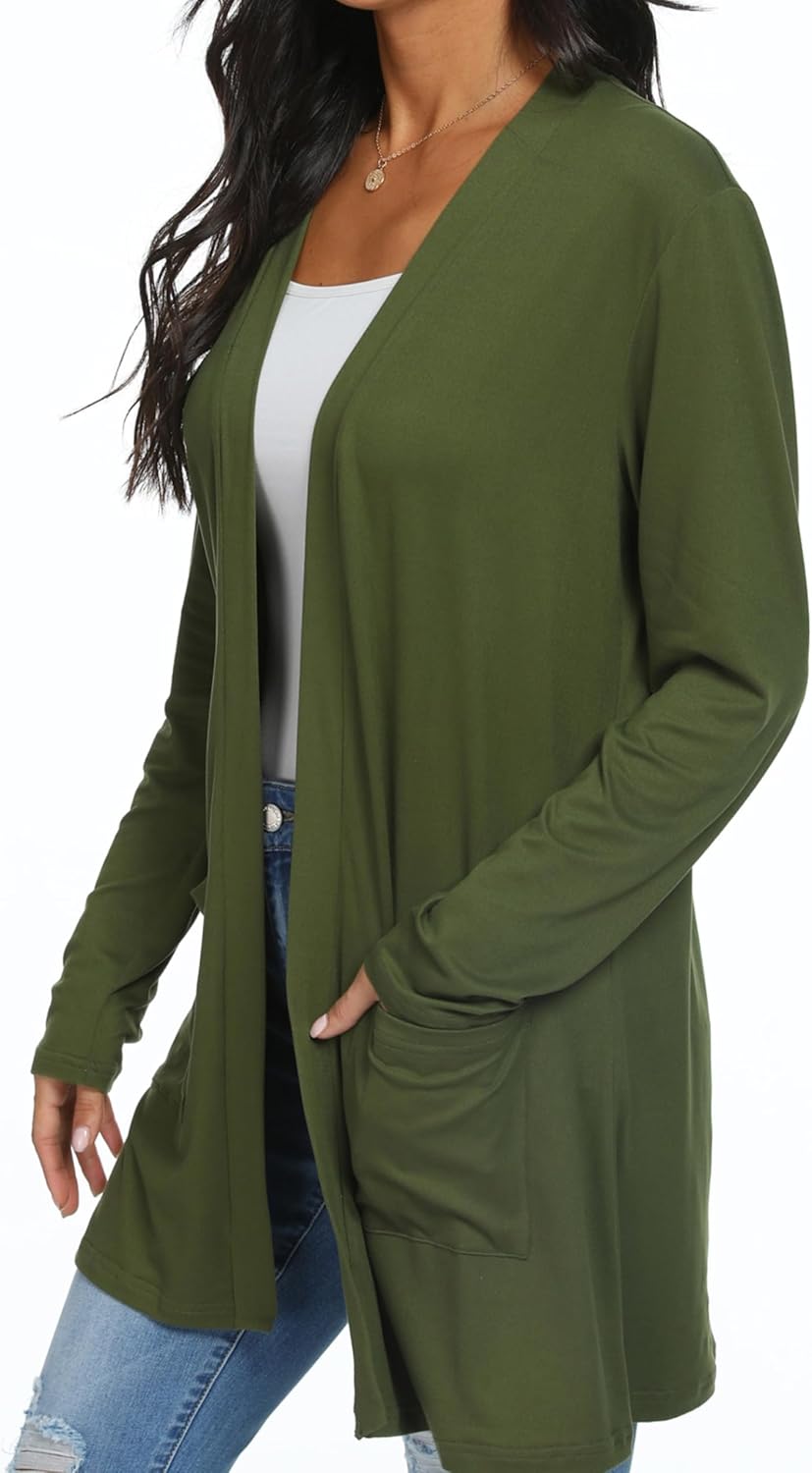 QIXING Casual Leichte Strickjacke Damen Lang Elegant Dünne Strickjacke Lange Ärmel mit Taschen Open