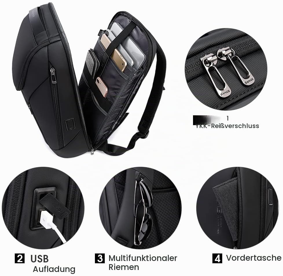 BANGE Business-Smart-Rucksack, wasserdicht, 39,6 cm (15,6 Zoll), Laptop-Rucksack mit USB-Ladeanschlu