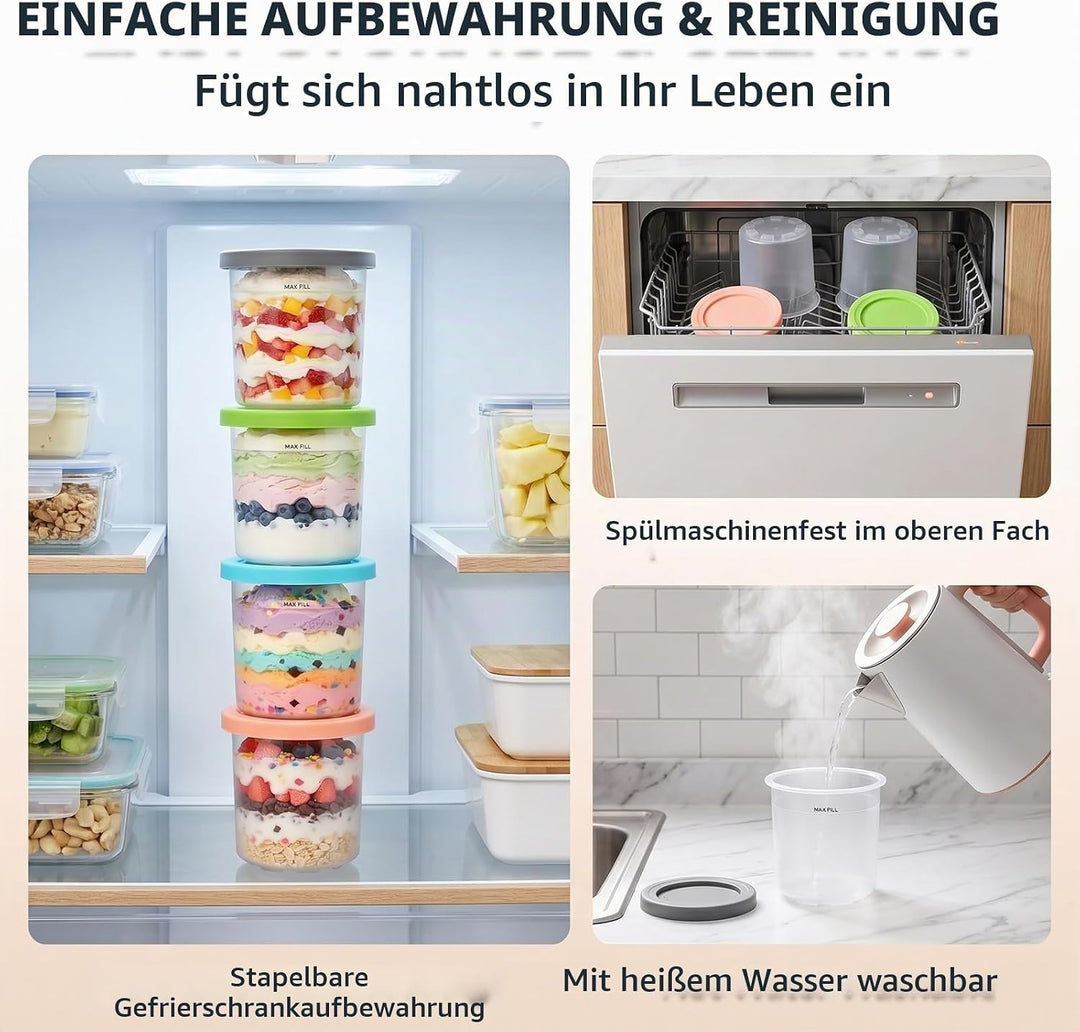 Behälter für Ninja Creami, 4 Stück Ersatzbecher &amp; Deluxe Behälter Set, 500ml Becher mit Farbkappen,