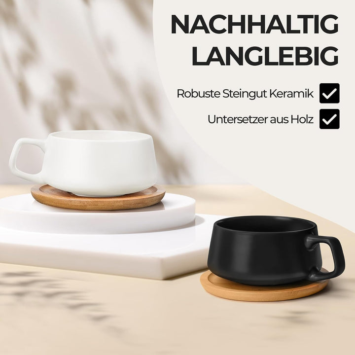 MIAMIO - 4 x 320 ml Kaffeetassen/Cappuccino Tassen mit Unterteller/elegant/modern/Kaffeebecher aus S