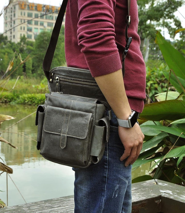 Le'aokuu Herren Echtes Leder Hüfttasche Gürteltasche Bauchtasche Reissverschluss Motorrad Messenger