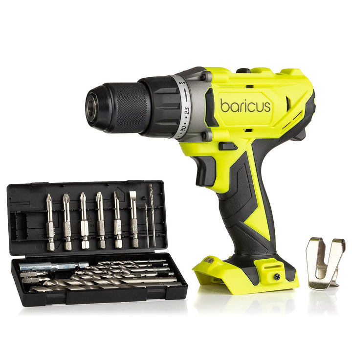 Baricus Akku-Bohrschrauber 18V in Praktischer Nylontasche – Inkl. 17-tlg. Bohrer- & Bit-Set – Zwei-G