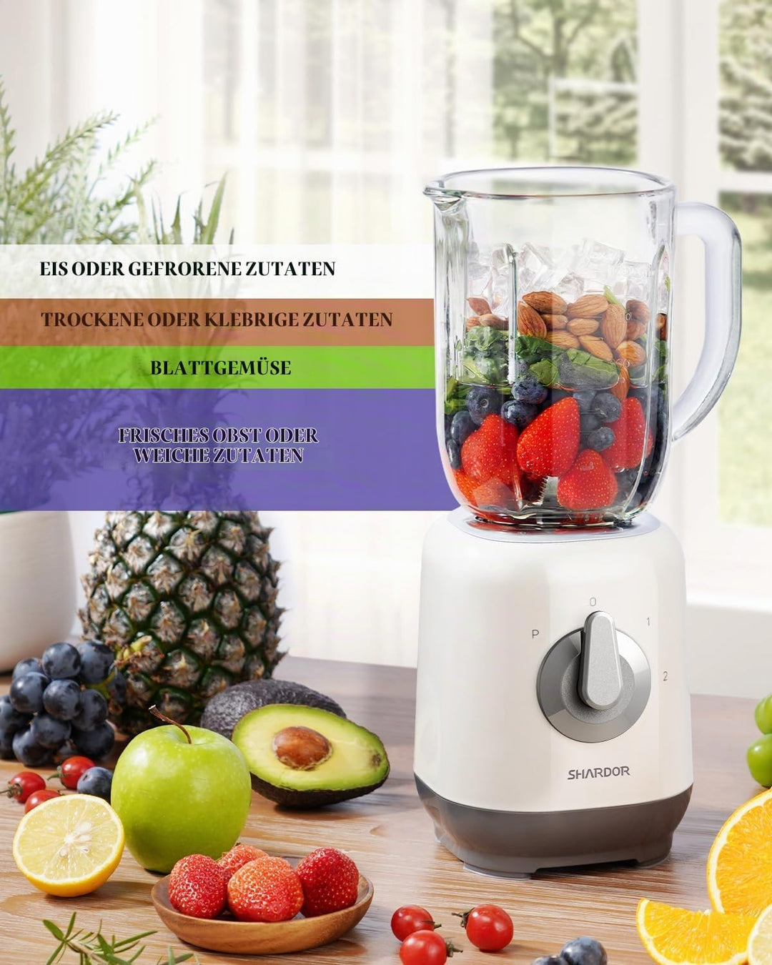 Standmixer, Smoothie Maker für schnelles 3D-Mehrwinkelschneiden, Mixer mit 2 Geschwindigkeiten und P