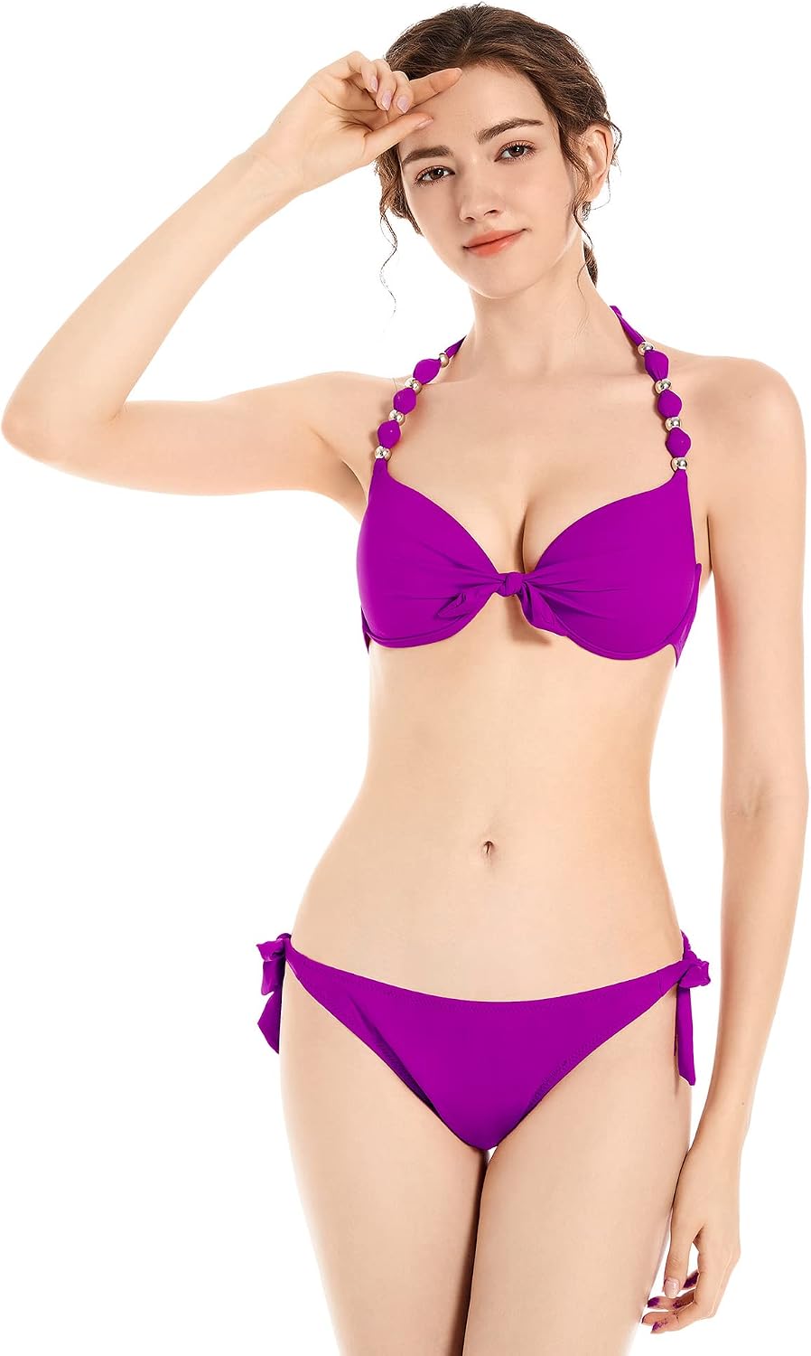 Damen Seitlich Gebunden Bikini Sets Abnehmbar Bademode Push up Bikinioberteil mit Nackenträger S Vio