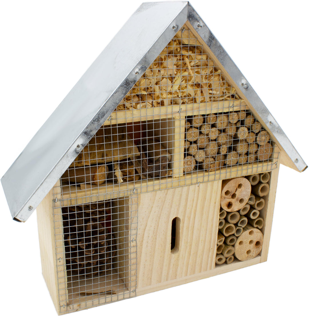 mucHome Insektenhotel Höhe 28cm aus Naturholz mit Metalldach, wetterfest, Nisthilfe für Bienen, Wild