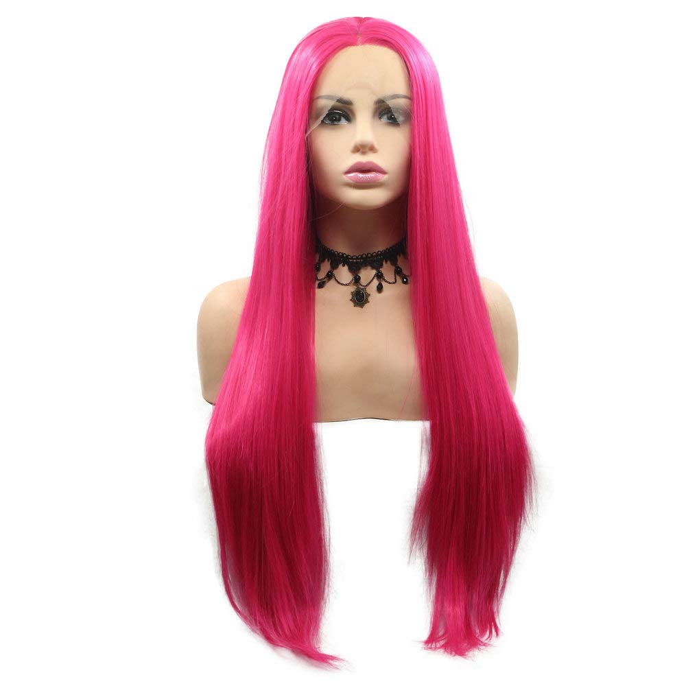 Hellrosa Perücke, lang, glatt, synthetische Lace-Front-Perücke für Damen, Hot Red Pink, halb handgek
